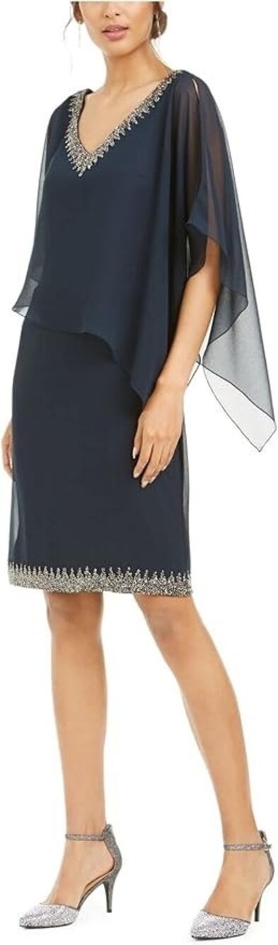 NWT J Kara Navy Sheath Stretch Embellished Sheer Sleeveless V Neck Dress Size 10